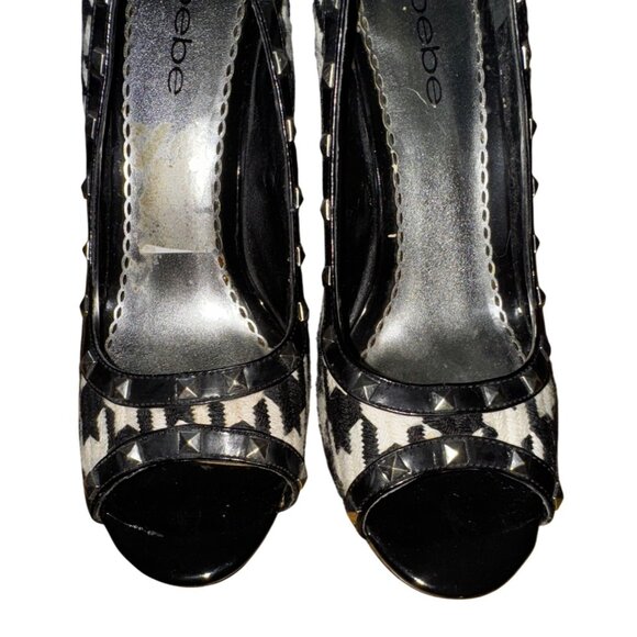 BEBE Black White Houndstooth Platform Peep Toe Pump Studded Size 10‎ Stilettos - Picture 10 of 10